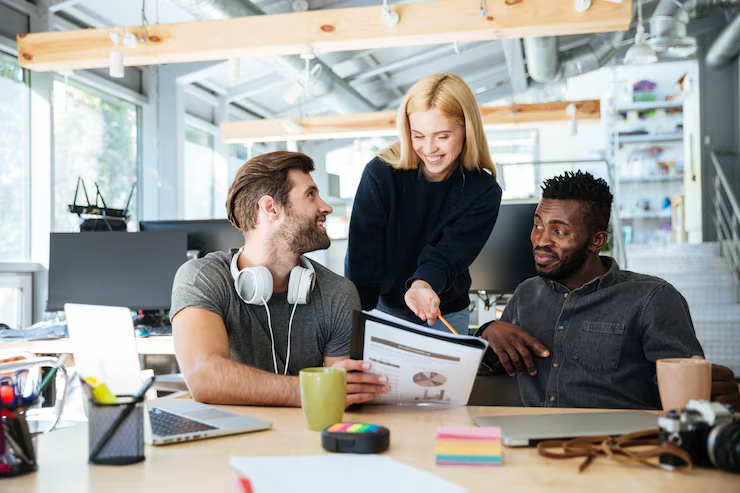 Team reviewing a project together in the office